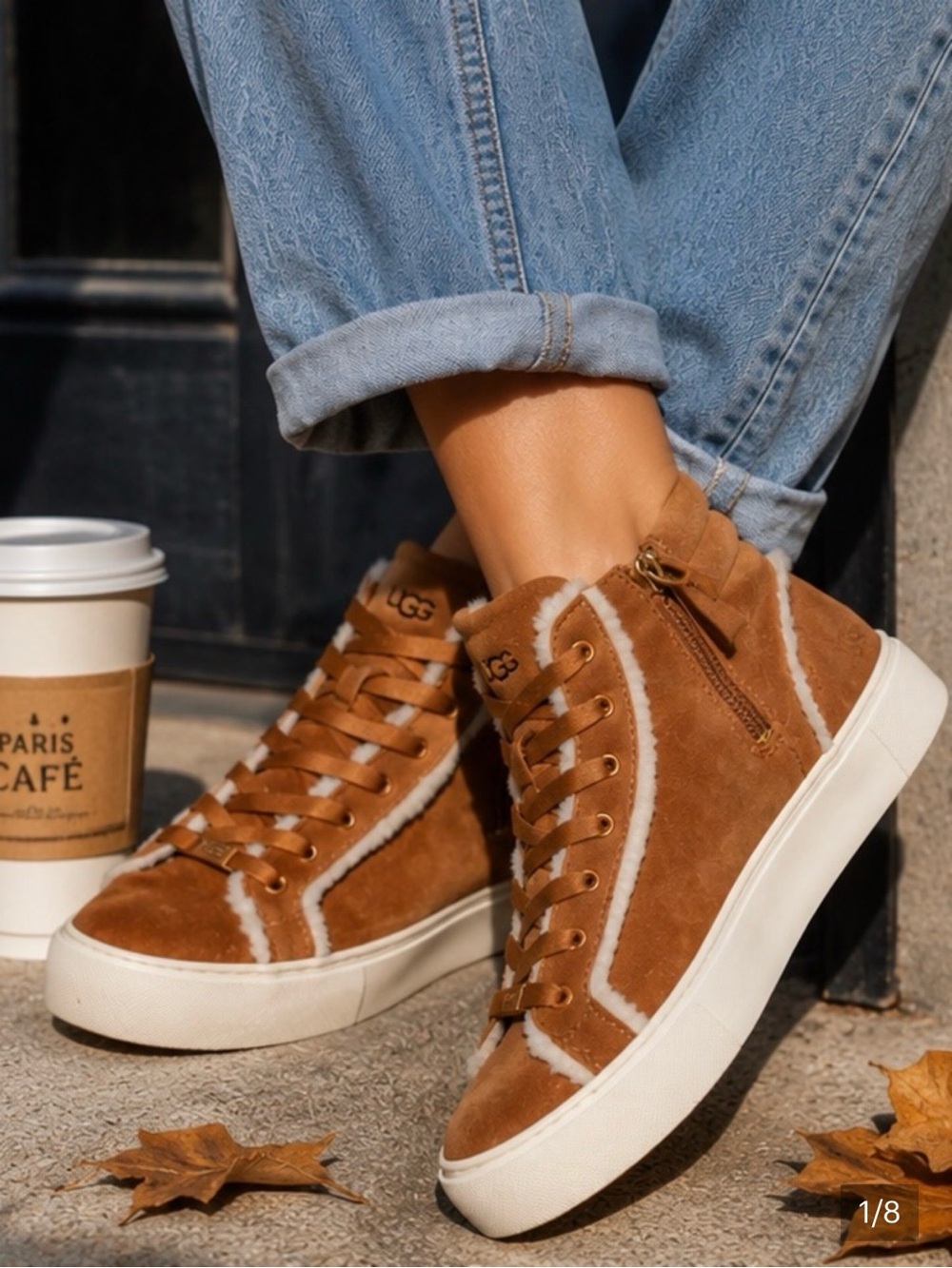 UGG Olli Women’s Chestnut Suede High top Sneakers with Shearling Trim size 8.5